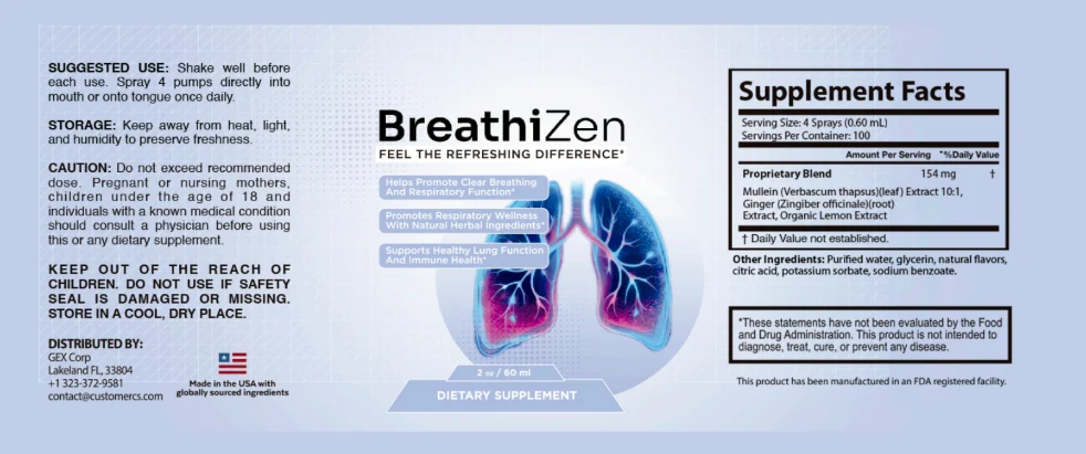 BreathiZen bottle label showing directions and the Supplement Facts panel